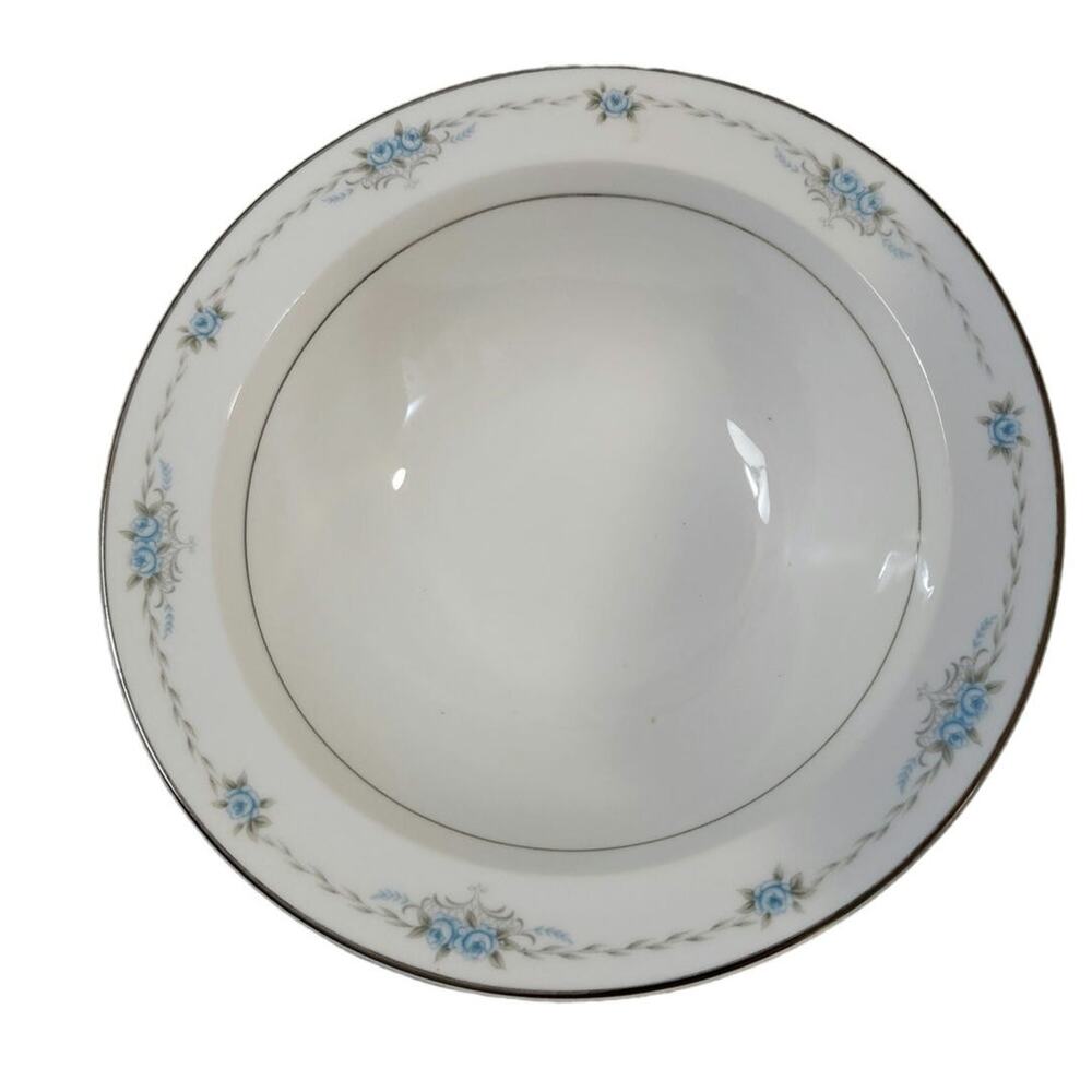 Vintage STYLE HOUSE Fine China CORSAGE 11" Oval Serving Bowl Blue Flowers Silver